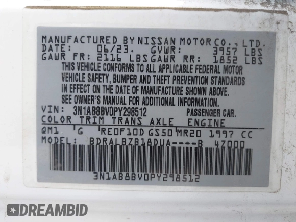2023 Nissan Sentra S with VIN 3N1AB8BV0PY298512, listed as a IAAI auction lot 41556282 with 74,836 mi miles and . Bid and sale history available at DreamBid. Image 9.