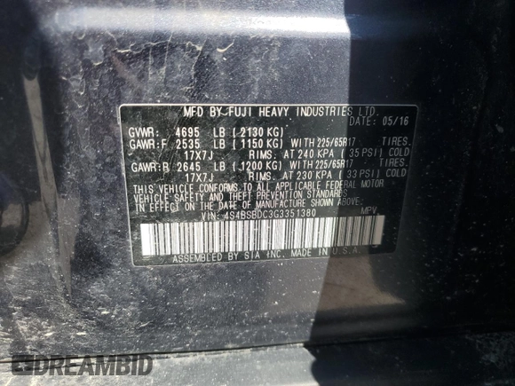 2016 Subaru Outback Premium with VIN 4S4BSBDC3G3351380, listed as a Copart auction lot 57243945 with Not provided miles and Clean title. Bid and sale history available at DreamBid. Image 13.