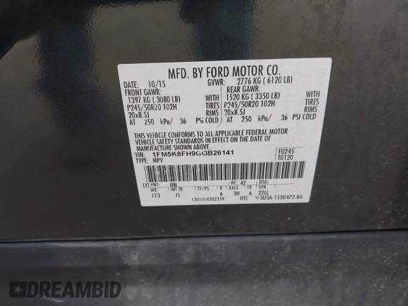 2016 Ford Explorer Limited with VIN 1FM5K8FH9GGB26141, listed as a IAAI auction lot 42257127 with 146,538 mi miles and . Bid and sale history available at DreamBid. Image 9.