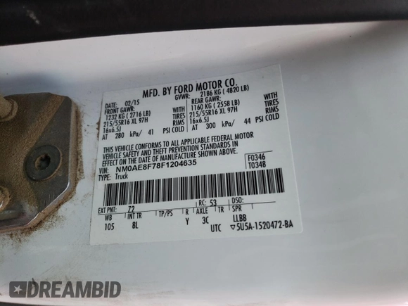 2015 Ford Transit Connect XLT with VIN NM0AE8F78F1204635, listed as a Copart auction lot 67088024 with 24,665 mi miles and Salvage title. Bid and sale history available at DreamBid. Image 13.