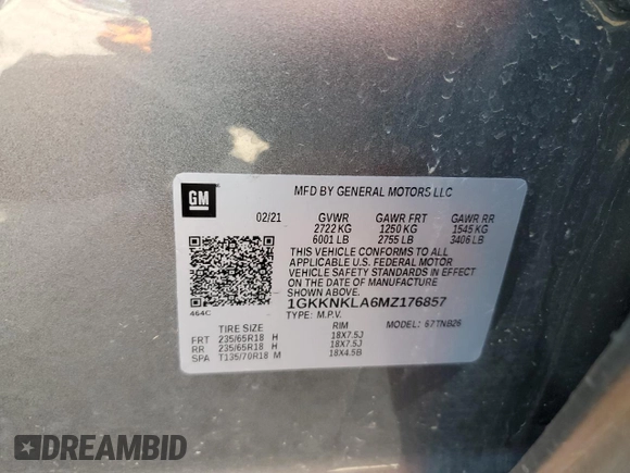 2021 GMC Acadia SLE z VIN 1GKKNKLA6MZ176857, wystawiony jako Copart lot #52409495 z przebiegiem Nie podano mil oraz Szkoda całkowita • Salvage title. Historia ofert i sprzedaży dostępna na DreamBid. Obrazek 13.