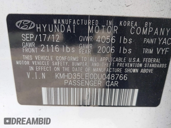 2013 Hyundai Elantra GT with VIN KMHD35LE0DU048766, listed as a IAAI auction lot 41644934 with 158,965 mi miles. Bid and sale history available at carsss.com. Image 9.