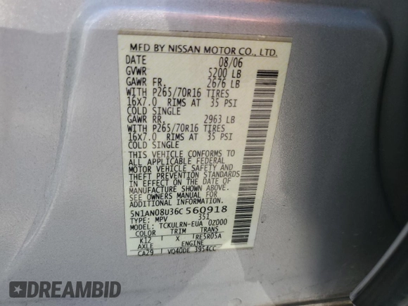 2006 Nissan Xterra SE with VIN 5N1AN08U36C560918, listed as a Copart auction lot 52767145 with Not Provided miles and Clean Title. Bid and sale history available at carsss.com. Image 13.