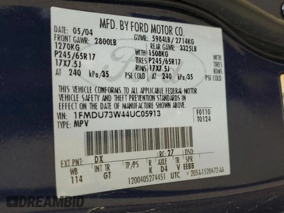 2004 Ford Explorer XLT with VIN 1FMDU73W44UC05913, listed as a Copart auction lot 44033155 with 179,222 mi miles and Salvage title. Bid and sale history available at DreamBid. Image 13.