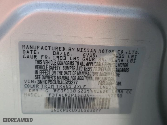 2018 Nissan Kicks S with VIN 3N1CP5CUXJL523277, listed as a Copart auction lot 50610295 with 39,522 mi miles and Salvage Title. Bid and sale history available at carsss.com. Image 13.