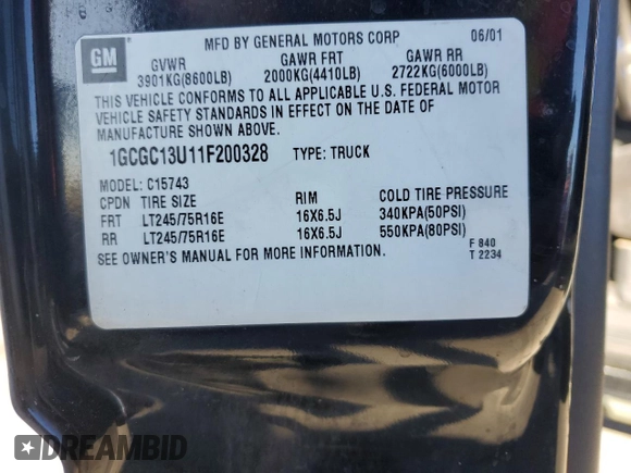 2001 Chevrolet Silverado 1500HD LS z VIN 1GCGC13U11F200328, wystawiony jako Copart lot #79548524 z przebiegiem 225 971 mil mil oraz Szkoda całkowita • Salvage title. Historia ofert i sprzedaży dostępna na DreamBid. Obrazek 12.