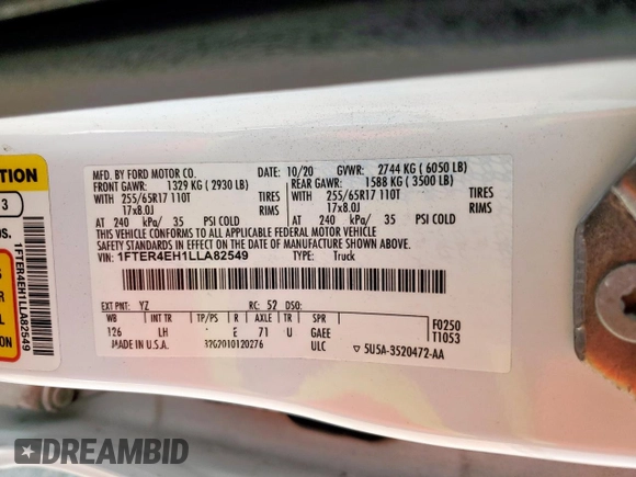 2020 Ford Ranger XL with VIN 1FTER4EH1LLA82549, listed as a Copart auction lot 59192295 with 91,369 mi miles and Salvage title. Bid and sale history available at DreamBid. Image 12.