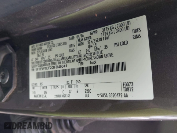 2016 Ford F-150 XLT with VIN 1FTEW1EF2GFB49041, listed as a IAAI auction lot 42092474 with Not Provided miles and . Bid and sale history available at carsss.com. Image 9.