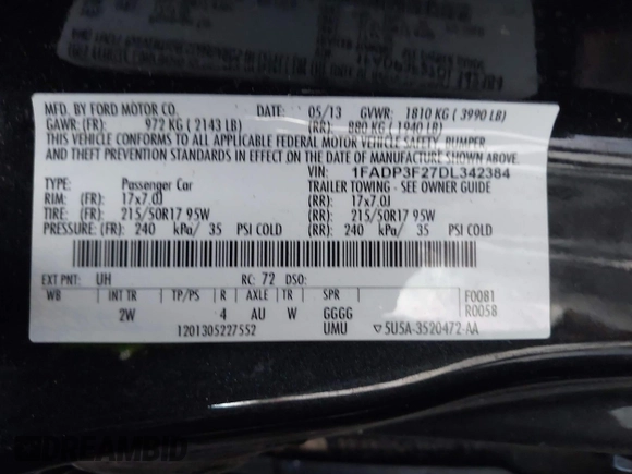 2013 Ford Focus SE z VIN 1FADP3F27DL342384, wystawiony jako IAAI lot #41474290 z przebiegiem 125 664 mil mil oraz . Historia ofert i sprzedaży dostępna na DreamBid. Obrazek 9.