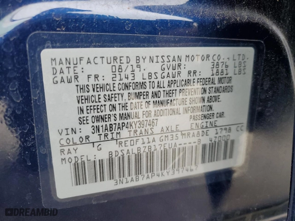 2019 Nissan Sentra S with VIN 3N1AB7AP4KY397467, listed as a Copart auction lot 48170405 with 81,391 mi miles and Salvage Title. Bid and sale history available at carsss.com. Image 14.