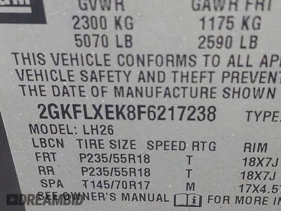2015 GMC Terrain SLT with VIN 2GKFLXEK8F6217238, listed as a IAAI auction lot 41953463 with 209,053 mi miles and . Bid and sale history available at carsss.com. Image 9.
