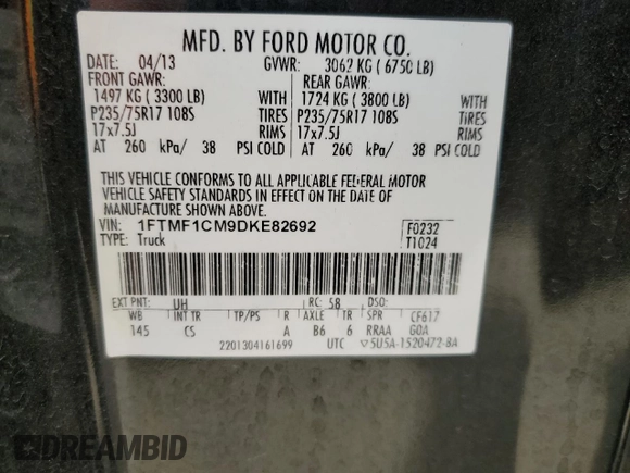 2013 Ford F-150 XL с VIN 1FTMF1CM9DKE82692, выставлен на аукционе Copart как лот 54611575 с пробегом 46 285 миль миль и Чистый • Clean title. История ставок и продаж доступна на DreamBid. Изображение 12.