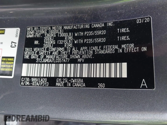 2020 Lexus RX 450h with VIN 2T2JGMDA7LC051477, listed as a IAAI auction lot 42484984 with 67,127 mi miles and . Bid and sale history available at DreamBid. Image 9.