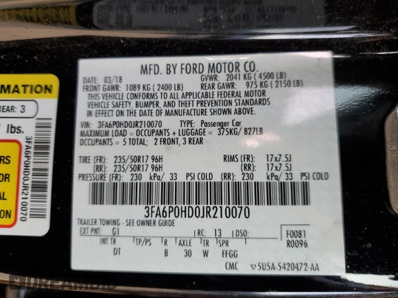 2018 Ford Fusion SE with VIN 3FA6P0HD0JR210070, listed as a Copart auction lot 43629525 with 161,373 mi miles and Salvage Title. Bid and sale history available at DreamBid. Image 14.