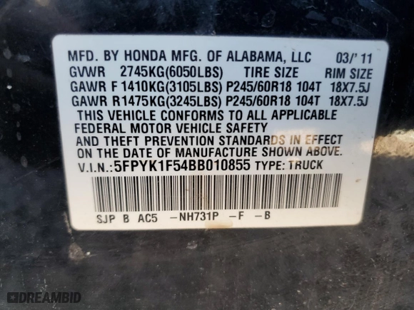 2011 Honda Ridgeline RTL with VIN 5FPYK1F54BB010855, listed as a Copart auction lot 50686275 with 247,331 mi miles and Salvage Title. Bid and sale history available at carsss.com. Image 12.