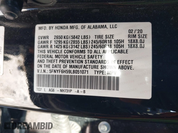 2020 Honda Pilot EX-L с VIN 5FNYF6H59LB051071, выставлен на аукционе IAAI как лот 41303821 с пробегом 145 271 миль миль и . История ставок и продаж доступна на DreamBid. Изображение 9.