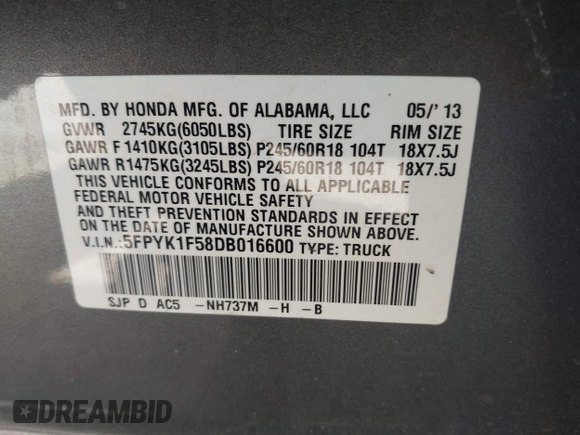 2013 Honda Ridgeline RTL with VIN 5FPYK1F58DB016600, listed as a IAAI auction lot 42237719 with 86,034 mi miles and . Bid and sale history available at DreamBid. Image 9.