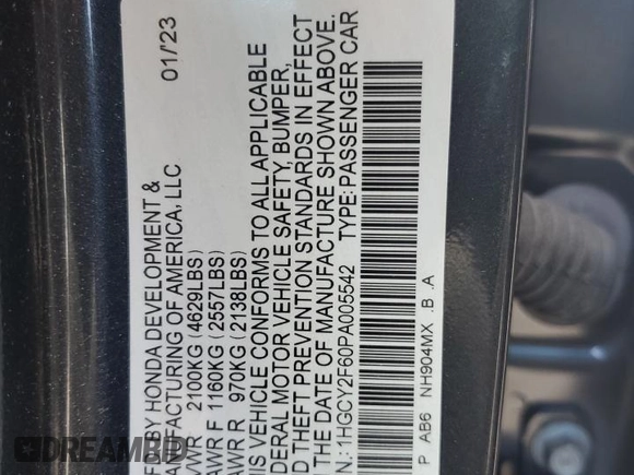 2023 Honda Accord EX-L с VIN 1HGCY2F60PA005542, выставлен на аукционе Copart как лот 62561265 с пробегом 48 591 миль миль и Списание • Salvage title. История ставок и продаж доступна на DreamBid. Изображение 12.