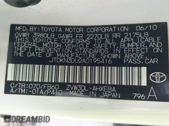 2010 Toyota Prius II with VIN JTDKN3DU2A0195416, listed as a IAAI auction lot 41939622 with 132,538 mi miles and . Bid and sale history available at carsss.com. Image 9.