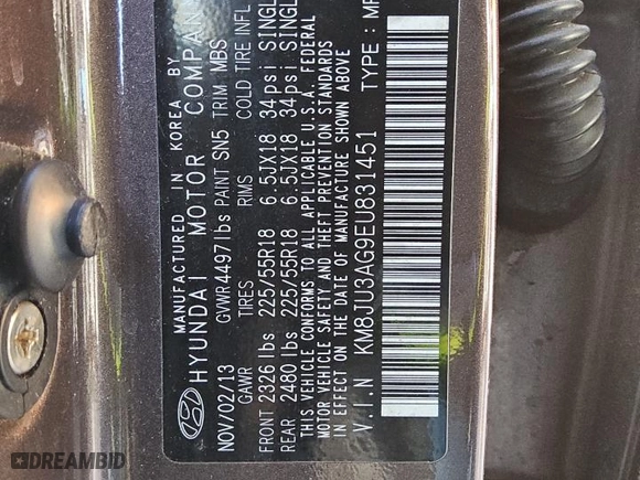 2014 Hyundai Tucson Limited with VIN KM8JU3AG9EU831451, listed as a Copart auction lot 47956985 with 85,069 mi miles and Clean Title. Bid and sale history available at carsss.com. Image 13.