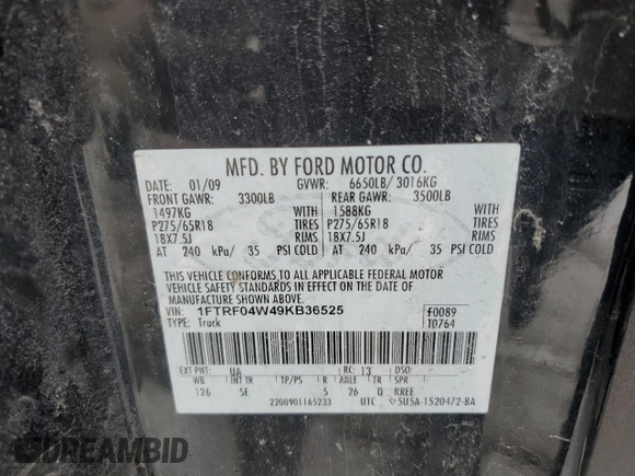 2009 Ford F-150 STX with VIN 1FTRF04W49KB36525, listed as a Copart auction lot 47117575 with 106,291 mi miles and Salvage title. Bid and sale history available at DreamBid. Image 12.