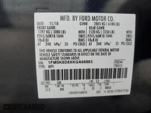 2019 Ford Explorer XLT с VIN 1FM5K8D8XKGA66883, выставлен на аукционе Copart как лот 58718555 с пробегом Не указан миль и Списание • Salvage title. История ставок и продаж доступна на DreamBid. Изображение 13.