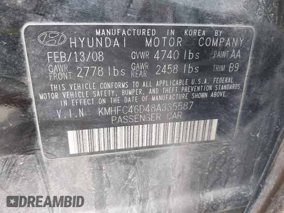2008 Hyundai Azera GLS with VIN KMHFC46D48A335587, listed as a IAAI auction lot 42092272 with 174,537 mi miles and . Bid and sale history available at DreamBid. Image 9.