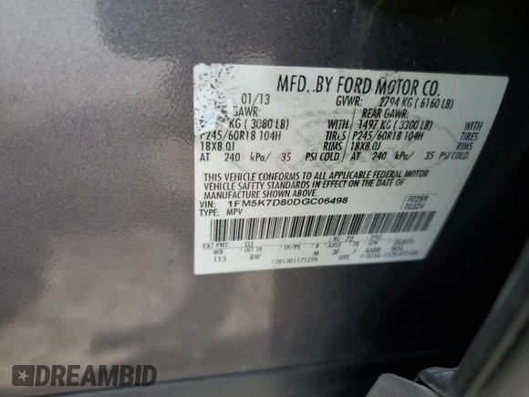 2013 Ford Explorer XLT с VIN 1FM5K7D80DGC06498, выставлен на аукционе Copart как лот 62093845 с пробегом 142 657 миль миль и Списание • Salvage title. История ставок и продаж доступна на DreamBid. Изображение 12.