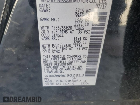 2017 Nissan Pathfinder Platinum with VIN 5N1DR2MN4HC902813, listed as a Copart auction lot 49719415 with 117,231 mi miles and Salvage Title. Bid and sale history available at carsss.com. Image 15.