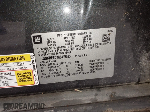 2012 Chevrolet Traverse LS with VIN 1GNKRFED7CJ415013, listed as a IAAI auction lot 42166085 with 105,242 mi miles and . Bid and sale history available at DreamBid. Image 9.
