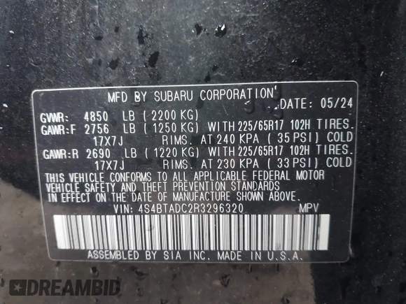2024 Subaru Outback Premium с VIN 4S4BTADC2R3296320, выставлен на аукционе IAAI как лот 42246698 с пробегом 28 188 миль миль и . История ставок и продаж доступна на DreamBid. Изображение 9.