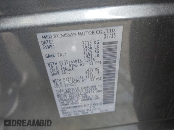 2015 Nissan Pathfinder S z VIN 5N1AR2MM3FC675623, wystawiony jako IAAI lot #42697236 z przebiegiem 99 686 mil mil oraz . Historia ofert i sprzedaży dostępna na DreamBid. Obrazek 9.