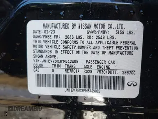 2023 Infiniti Q50 Luxe with VIN JN1EV7BR3PM542405, listed as a IAAI auction lot 41737342 with 12,353 mi miles and . Bid and sale history available at DreamBid. Image 9.