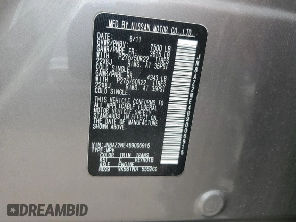 2011 Infiniti QX56 7-passenger with VIN JN8AZ2NE4B9006915, listed as a Copart auction lot 61909295 with 157,700 mi miles and Clean title. Bid and sale history available at DreamBid. Image 13.