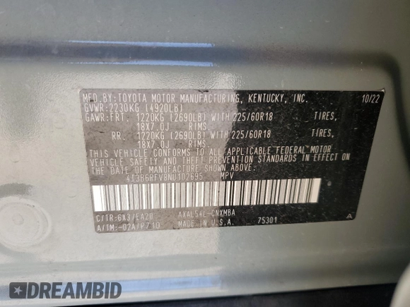 2022 Toyota RAV4 Hybrid XLE Premium with VIN 4T3B6RFV8NU102695, listed as a Copart auction lot 49876815 with 35,614 mi miles and Salvage title. Bid and sale history available at DreamBid. Image 14.