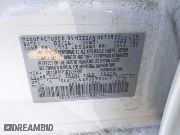 2016 Nissan Sentra SV with VIN 3N1AB7AP1GY258386, listed as a IAAI auction lot 41649505 with 92,719 mi miles and . Bid and sale history available at DreamBid. Image 9.