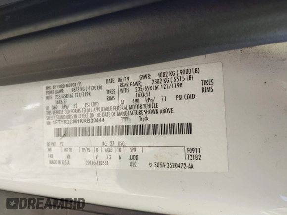 2019 Ford Transit with VIN 1FTYR2CM1KKB30444, listed as a IAAI auction lot 41585399 with 402,723 mi miles. Bid and sale history available at carsss.com. Image 9.