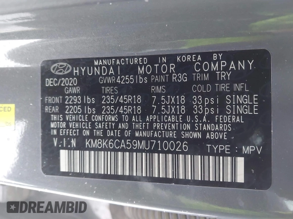 2021 Hyundai Kona Night Edition with VIN KM8K6CA59MU710026, listed as a IAAI auction lot 41266327 with 67,860 mi miles and . Bid and sale history available at DreamBid. Image 9.