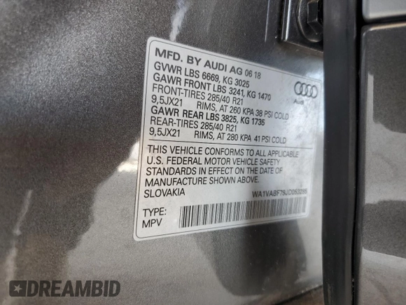 2018 Audi Q7 Prestige z VIN WA1VABF79JD053285, wystawiony jako Copart lot #58538125 z przebiegiem 47 318 mil mil oraz Szkoda całkowita • Salvage title. Historia ofert i sprzedaży dostępna na DreamBid. Obrazek 14.
