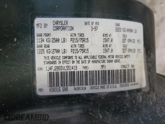 1997 Jeep Cherokee SE with VIN 1J4FJ28S5VL551419, listed as a Copart auction lot 42241185 with 239,699 mi miles and Salvage Title. Bid and sale history available at carsss.com. Image 13.