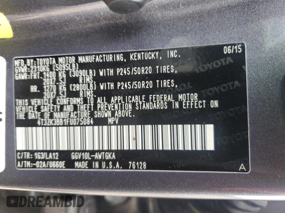2015 Toyota Venza XLE with VIN 4T3ZK3BB1FU075084, listed as a Copart auction lot 44504845 with 112,973 mi miles and Salvage title. Bid and sale history available at DreamBid. Image 16.