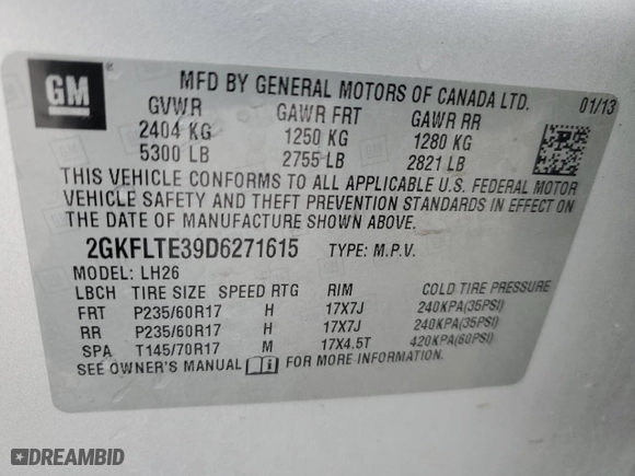 2013 GMC Terrain SLE with VIN 2GKFLTE39D6271615, listed as a Copart auction lot 49507125 with 133,643 mi miles and Salvage Title. Bid and sale history available at carsss.com. Image 13.