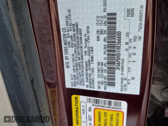 2017 Ford Fusion SE with VIN 3FA6P0HD1HR366600, listed as a Copart auction lot 63551935 with 131,825 mi miles and Clean title. Bid and sale history available at DreamBid. Image 12.
