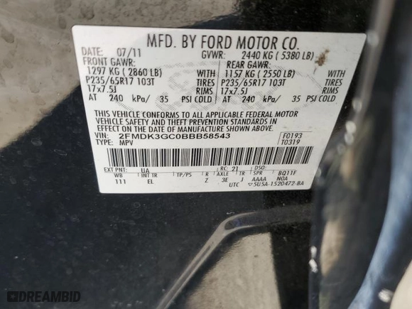 2011 Ford Edge SE with VIN 2FMDK3GC0BBB58543, listed as a Copart auction lot 48809465 with 192,906 mi miles and Salvage Title. Bid and sale history available at carsss.com. Image 14.