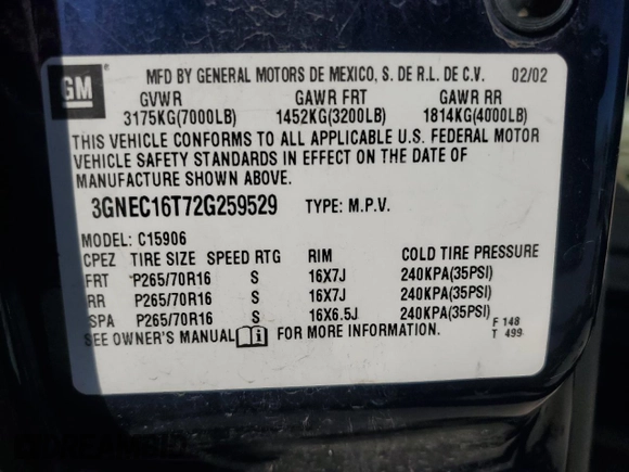 2002 Chevrolet Suburban LS with VIN 3GNEC16T72G259529, listed as a Copart auction lot 88312185 with 120,604 mi miles and Salvage Title. Bid and sale history available at carsss.com. Image 13.