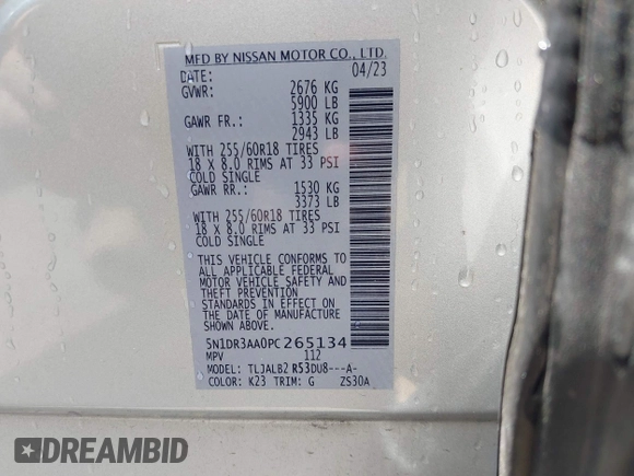 2023 Nissan Pathfinder S with VIN 5N1DR3AA0PC265134, listed as a IAAI auction lot 42006646 with 46,943 mi miles and . Bid and sale history available at DreamBid. Image 9.