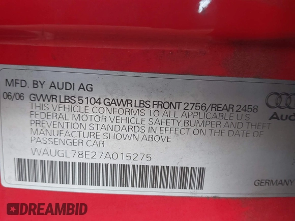 2007 Audi S4 z VIN WAUGL78E27A015275, wystawiony jako IAAI lot #42063187 z przebiegiem 102 678 mil mil oraz . Historia ofert i sprzedaży dostępna na DreamBid. Obrazek 9.