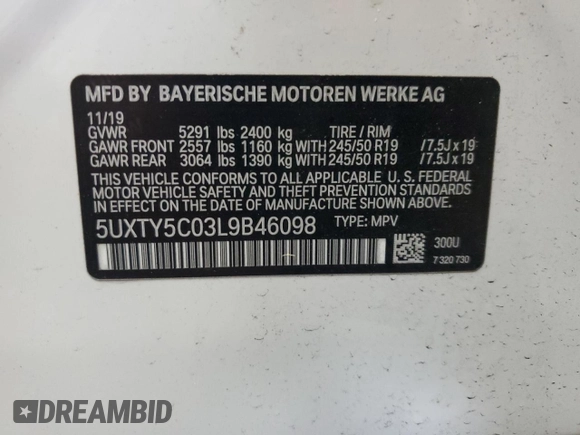 2020 BMW X3 xDrive30i with VIN 5UXTY5C03L9B46098, listed as a Copart auction lot 50985655 with 44,268 mi miles and Salvage Title. Bid and sale history available at DreamBid. Image 14.