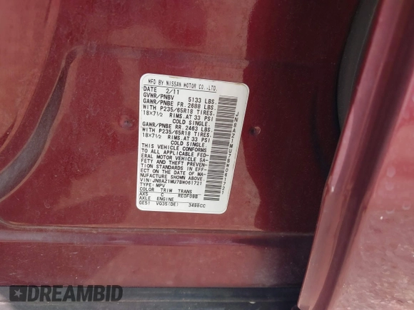 2011 Nissan Murano LE with VIN JN8AZ1MU7BW061721, listed as a IAAI auction lot 42185054 with 134,960 mi miles and . Bid and sale history available at DreamBid. Image 9.