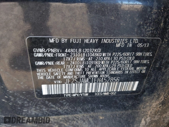 2014 Subaru Forester 2.5i Touring with VIN JF2SJAMC1EH452856, listed as a IAAI auction lot 41801406 with 148,342 mi miles. Bid and sale history available at carsss.com. Image 9.